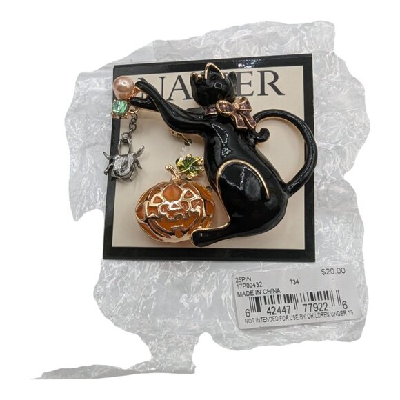 Napier Halloween Brooch Black Cat With Pumpkin & Spider Design Gold Tone Enamel - Picture 6 of 8